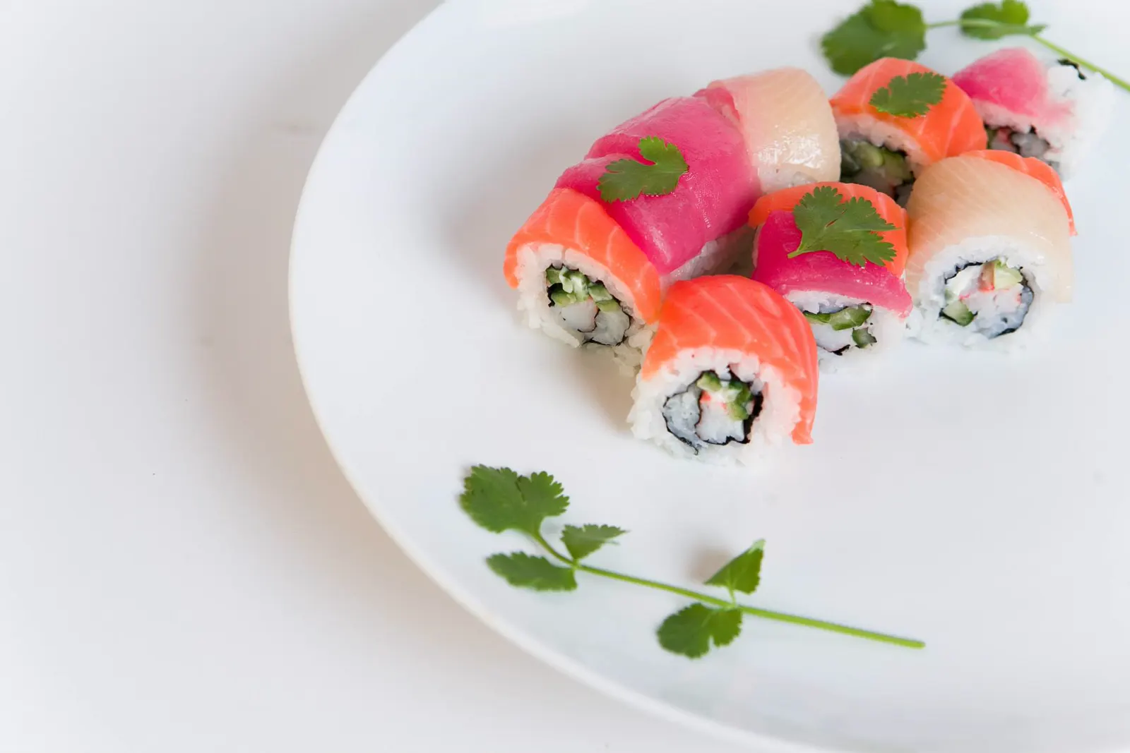 Seasons of Japan colorful sushi rolls on a white plate